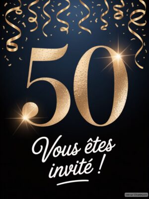 Le chiffre 50 en doré avec des confettis et des serpentins sur fond noir, texte en blanc invitant à célébrer.