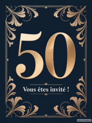 Fond noir avec des motifs élégants et le chiffre 50 en relief doré, accompagné d'un texte d'invitation en bas.