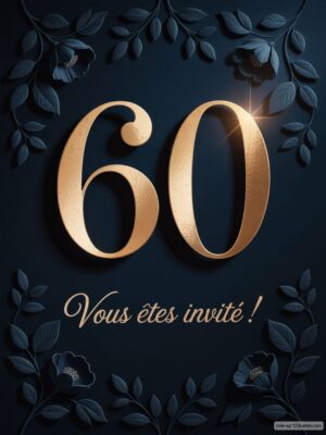 Chiffre 60 en relief doré sur fond sombre, entouré de motifs végétaux et d'un texte invitant à célébrer un événement.