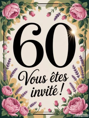 Un cadre fleuri encadrant le chiffre 60 avec le texte 