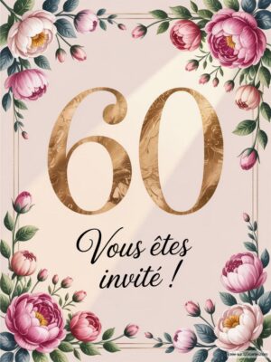 Un cadre floral autour du chiffre 60, avec un texte en dessous invitant à participer à une célébration.