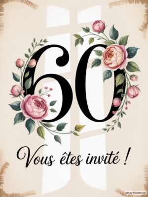 Un grand chiffre 60 entouré de fleurs roses sur un fond clair, avec un message d'invitation en bas.