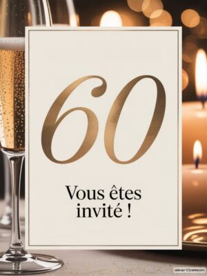 Carte d'invitation pour un anniversaire avec le chiffre 60 en doré, accompagnée de flûtes à champagne et de bougies.