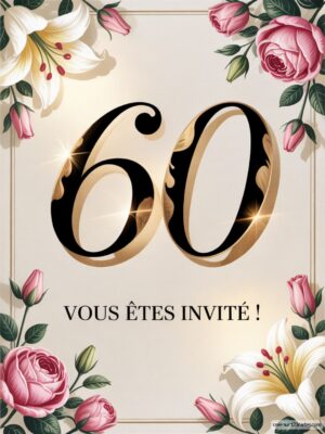 Décor avec des roses et des lys, chiffre 60 en or, texte d'invitation en dessous. Contexte festif et élégant.