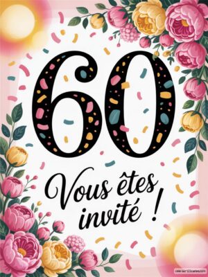 Un fond orné de fleurs et de confetti avec les chiffres 60 et le texte Vous êtes invité en dessous.