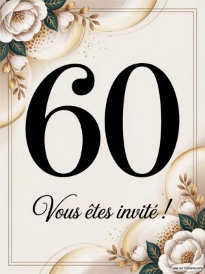 Annonce pour un événement avec le chiffre 60, entouré de fleurs et d'un décor élégant. Texte d'invitation en dessous.