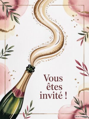 Bouteille de champagne avec des bulles qui s'élèvent, entourée de feuilles et éléments décoratifs, invitation au festin.