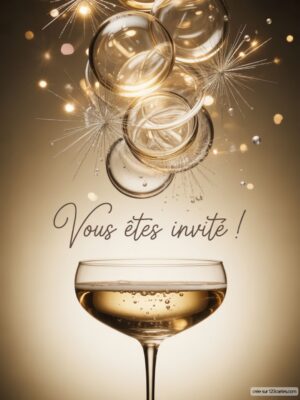 Un verre à champagne rempli, surmonté de bulles éclatantes et entouré d'étincelles dorées.