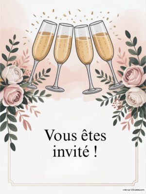 Quatre flûtes de champagne levées, entourées de roses et de feuillage.