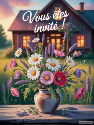 Invitation d'anniversaire avec bouquet de fleurs colorées en pot sur une table, style doux et accueillant, texte : Vous êtes invité ! en haut.