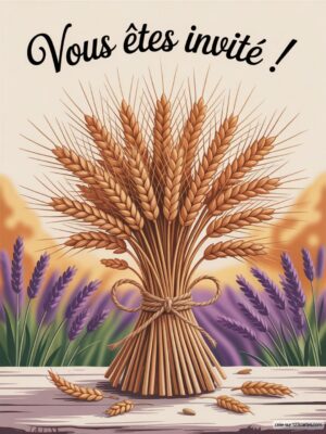 Invitation d'anniversaire avec un bouquet de blé, couleur beige, texte stylisé : Vous êtes invité ! sur fond floral.