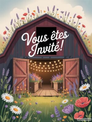 Invitation d'anniversaire avec des fleurs colorées et une grange ouverte, illuminée par des guirlandes lumineuses.