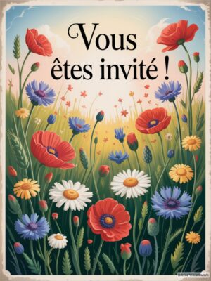 Invitation d'anniversaire avec des fleurs colorées sur fond pastel.