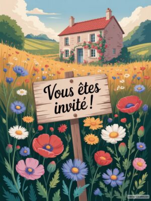 Invitation d'anniversaire : maison rose entourée de fleurs colorées, panneau en bois  : Vous êtes invité ! en typographie ludique.