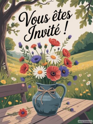 Invitation d'anniversaire avec un vase de fleurs colorées sur une table en bois, arrière-plan de champs verdoyants.