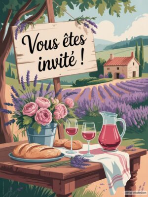Invitation anniversaire : table avec fleurs roses, pain, vin rouge et pichet, décor champêtre et couleurs douces. Ambiance conviviale.