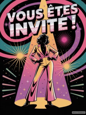 Invitation d'anniversaire : silhouette d'une personne en costume, couleurs vives avec étoiles et rayons multicolores.