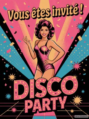 Femme en maillot de bain sur fond géométrique, annonçant une soirée disco avec le texte DISCO PARTY en grand.