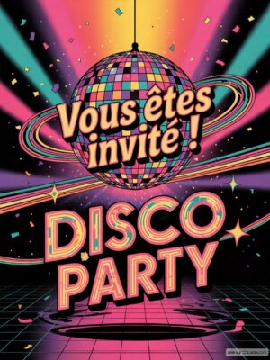 Une boule à facettes brillante suspendue au-dessus d'un sol noir, avec des éclats et un texte festif annonçant une soirée dansante.