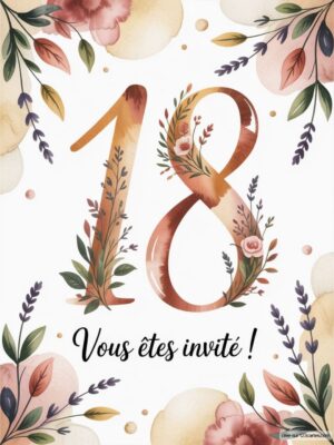 Numéro 18 entouré de fleurs et de feuillages, titre élégant pour une invitation festive.