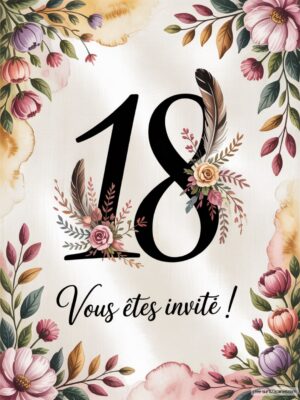 Invitation élégante avec le chiffre 18 en grand, entouré de fleurs et feuillages délicats sur fond clair.