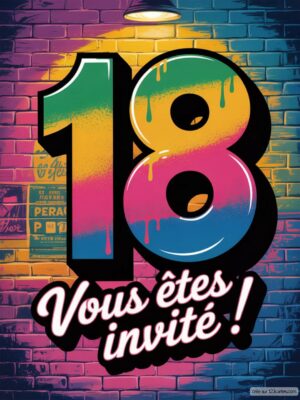 Image d'un graffiti vibrant avec le chiffre 18 en grand, accompagné d'un texte festif sur fond de mur en briques.