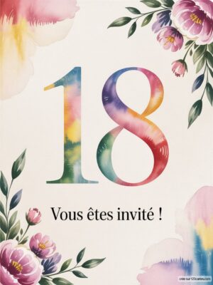 Numéro 18 stylisé au centre, entouré de fleurs roses et verts sur un fond pastel. Invitation à célébrer un événement spécial.