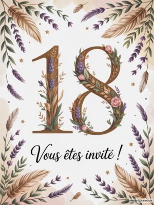 Image illustrant le chiffre 18 entouré de motifs floraux et de plumes, avec un texte d'invitation en bas.