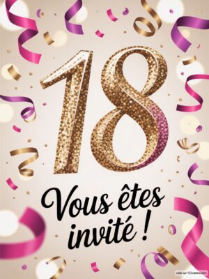 Image festive pour un anniversaire avec le chiffre 18 en paillettes dorées et des confettis en arrière-plan.