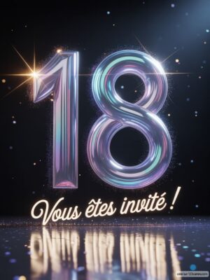 Chiffre 18 en 3D avec reflets brillants sur fond sombre, accompagné d'un texte festif en dessous.
