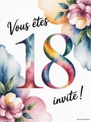 Carte d'invitation avec un grand 18, entourée de fleurs et de nuages, annonçant un événement spécial.