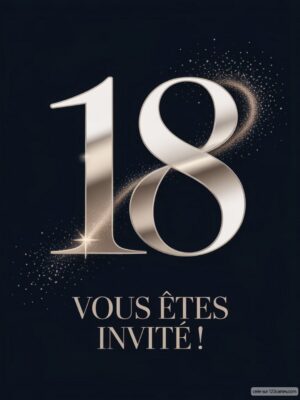 Chiffre 18 en relief sur fond noir, accompagné d'étoiles brillantes et de texte annonçant une invitation.