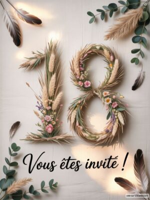 Un décor floral formant le chiffre 18, avec des plumes et des feuilles autour, sur un fond clair et lumineux.