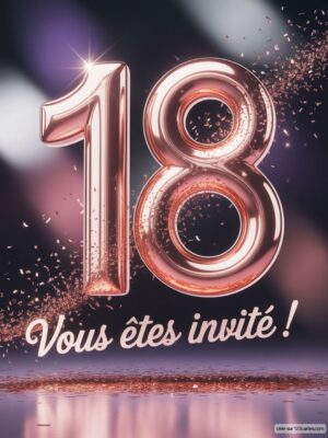 Numéro 18 en rose brillant, entouré de paillettes, sur un fond flou festif. Texte en dessous invite à célébrer.