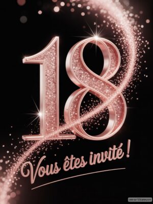 Le chiffre 18 stylisé avec des paillettes sur fond noir, accompagné d'un message d'invitation.