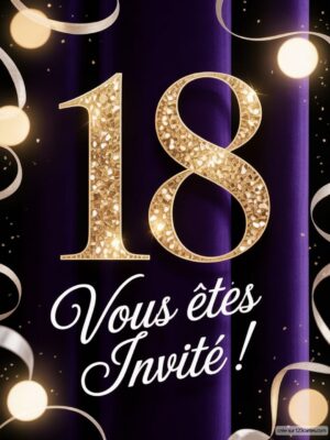 Chiffre 18 en paillettes sur un fond violet avec des guirlandes et des lumières, annonçant une célébration.