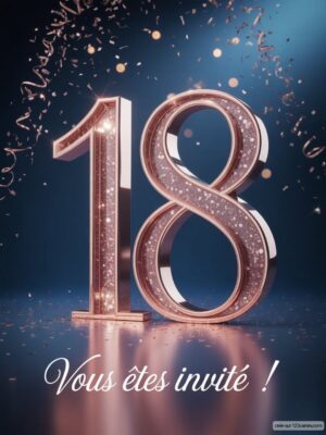 Numéro 18 en rose doré, entouré de confettis lumineux sur fond bleu, annonçant une célébration spéciale.