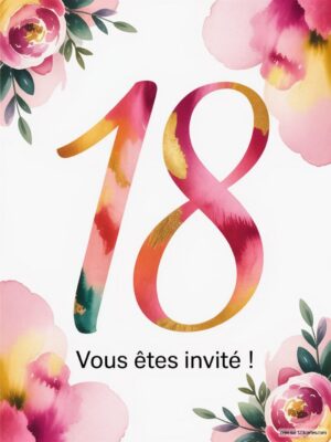 Illustration festive avec le chiffre 18 au centre, entouré de fleurs roses et vertes, annonçant un événement spécial.