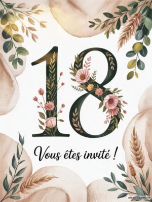 Carte d'invitation ornée de fleurs et de feuilles, avec le chiffre 18 au centre. Design élégant et festif.