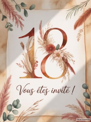 Affiche décorative avec le chiffre 18 entouré de fleurs et feuillages, incluant un texte d'invitation en bas.