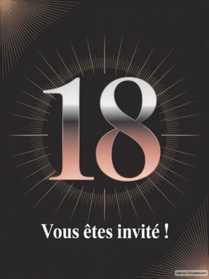 Numéro 18 en métal brillant sur fond noir, entouré de rayons lumineux et d'un effet graphique moderne.