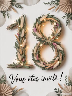 Numéro 18 décoré de feuillage et de fleurs, illuminé par des lumières, avec un texte en bas. Design festif et élégant.