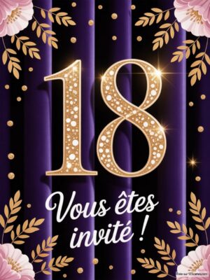 Image d'une carte d'invitation pour un anniversaire, avec le chiffre 18 orné de strass, entouré de fleurs et de feuilles dorées.