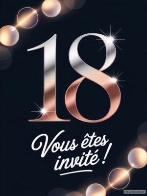 Carte d'invitation mettant en avant le chiffre 18, entouré de lumières et d'étoiles scintillantes sur fond sombre.
