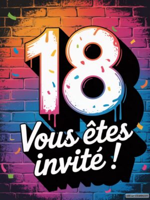 Image d'un fond en briques avec un grand 18 entourés de confettis.