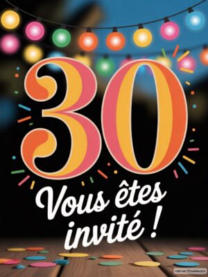 Numéro 30 en gros caractères avec des guirlandes lumineuses et des confettis sur un fond sombre.
