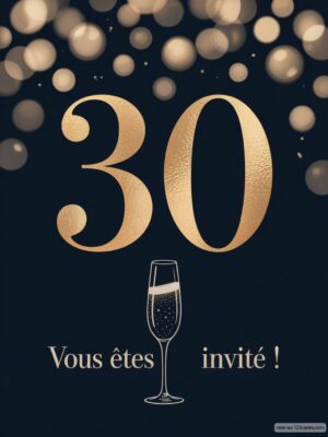 Image d'un fond noir avec des bulles dorées, le chiffre 30 en or et un verre de champagne en bas. Texte d'invitation.