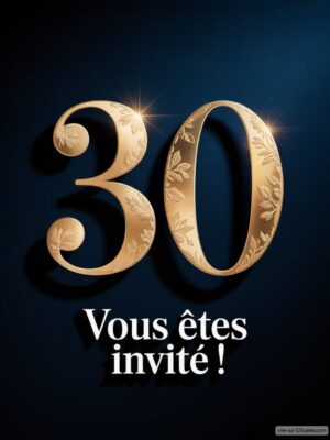 Image avec le chiffre 30 en relief doré, entouré d'un fond sombre et d'un texte en blanc. Éléments élégants et raffinés.