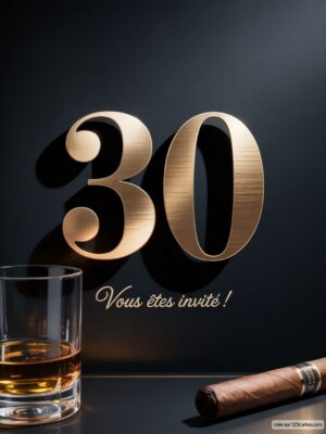 Numéro 30 en relief doré sur fond noir, avec un verre à whisky et un cigare en arrière-plan.