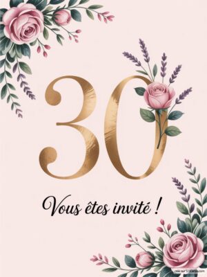 Carte d'invitation avec le chiffre 30 en doré et des roses, sur fond rose clair, ornée de feuillages.